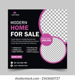 Modern Real Estate Home for sale or social media post template. Housing buy and sell, Editable Post, Property home sale, square editable banner.