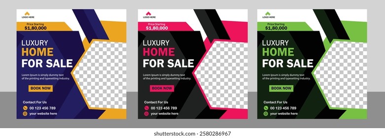 modern real estate home sale social media post, easily editable, colorful and square social media banner template.