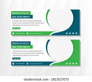 modern real estate horizontal banner design template with white background. circle shape for space of photo collage. Combination green and blue element design. 