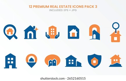 Modern real estate icon bundle featuring house search, key tag, property document, home security, listing, chat, and location pins. Great for UI, web, app, and business use.