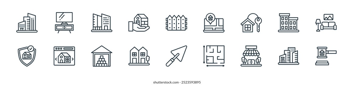 Perfecto para diseños de interfaz de usuario lineal con justicia de Vector, edificio, tienda, Plan de la casa, paleta, bienes raíces, almacén y más iconos para App móviles y de Web.