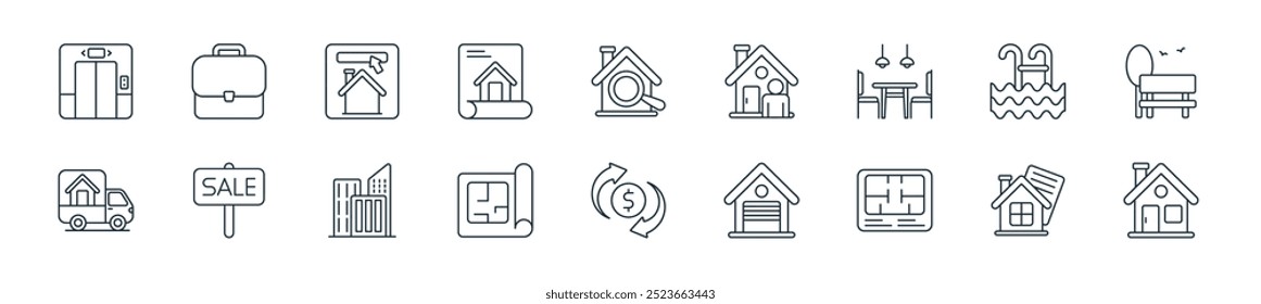 pacote de ícones de imóveis moderno. perfeito para projetos de iu linear com casa vetorial, escrituras de casa, planta baixa, garagem, refinanciamento, arquitetura, edifícios e mais ícones para aplicativos móveis e web.