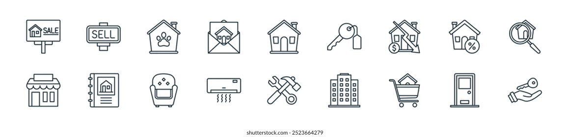 Perfecto para diseños de interfaz de usuario lineal con llave de Vector, puerta, bienes raíces, condominio, renovación, aire acondicionado, sillón y más iconos para App móviles y de Web.