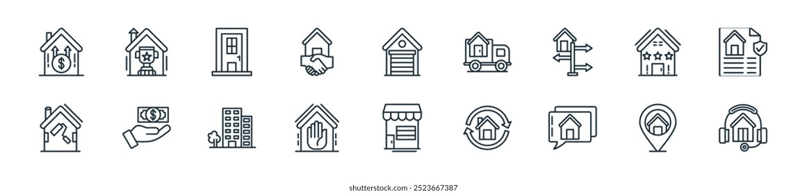 modern real estate icon pack. perfect for linear ui designs featuring vector call center, location, chat, refinance, shop, home, flats and more icons for mobile and web apps.