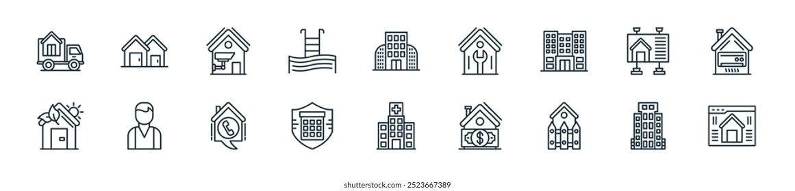 pacote de ícones de imóveis moderno. perfeito para projetos de iu linear com vetor site, arranha-céu, cerca, arrendamento, hospital, condomínio, chamada telefônica e mais ícones para aplicativos móveis e web.