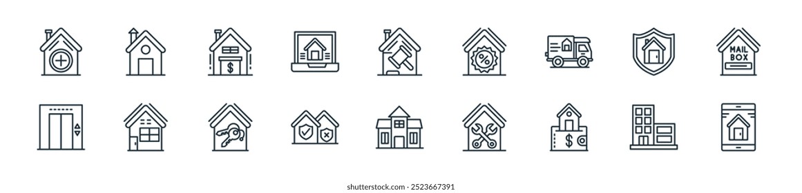 pacote de ícones de imóveis moderno. perfeito para projetos de interface de usuário linear com aplicativo vetor, construção, carteira, manutenção, villa, escolhido, chaves e mais ícones para aplicativos móveis e web.