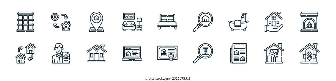 Perfecto para diseños de interfaz de usuario lineal que ofrecen bienes raíces de Vector, renovación, prensa, búsqueda, certificado, Sitio web, casa inteligente y más iconos para App móviles y de Web.