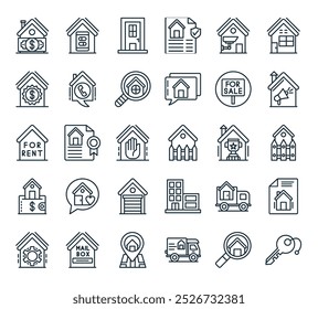 modern real estate icon pack. perfect for linear ui designs featuring vector key, search, moving home, placeholder, mailbox and more icons.