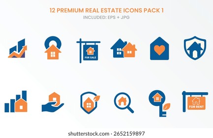 Modern real estate icon pack including house sale, rent board, eco key, search home, property growth, love home, and secure estate. Ideal for app, UI, listings, and marketing.