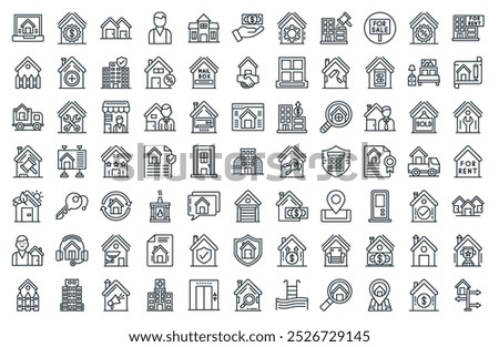 modern real estate icon pack. perfect for minimalist ui designs featuring vector direction, real estate, placeholder, search, swimming pool, search, elevator, and more icons.