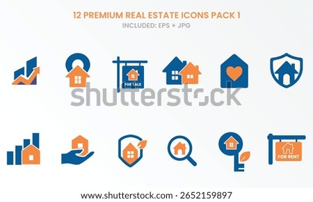 Modern real estate icon pack including house sale, rent board, eco key, search home, property growth, love home, and secure estate. Ideal for app, UI, listings, and marketing.