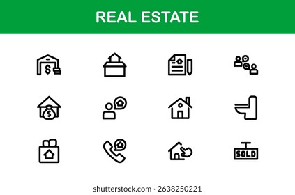 Modern Real Estate Icon Set in Vector Style Featuring Houses, Buildings, Property, and Landmarks