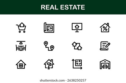 Modern Real Estate Icon Set in Vector Style Featuring Houses, Buildings, Property, and Landmarks