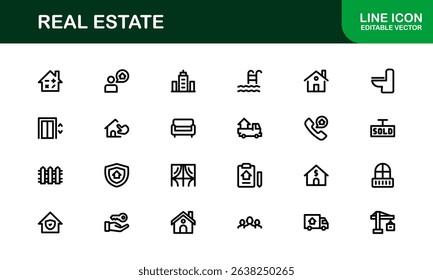 Modern Real Estate Icon Set in Vector Style Featuring Houses, Buildings, Property, and Landmarks