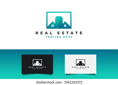 Modern Real Estate Logo in Blue and Green Gradient. Construction, Architecture or Building Logo Design Template