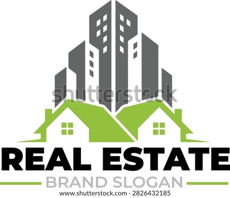 Modern Real Estate Logo with City Buildings and Residential Houses – Property Development Branding Design