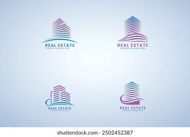 Diseño de logotipo inmobiliario moderno que muestra cuatro variaciones sobre un fondo azul claro