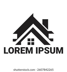 Modern Real Estate Logo Design with House Roof Icon and Window  Black and White Vector Illustration