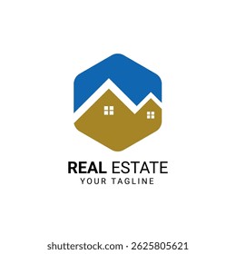 Modern real estate logo design with house roof and window in geometric hexagon shape for property agency or housing business branding	