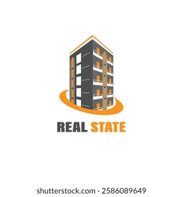 Modern real estate logo featuring a tall building with black and orange accents, encircled by a dynamic swoosh. Perfect for property, construction, and housing brands.
