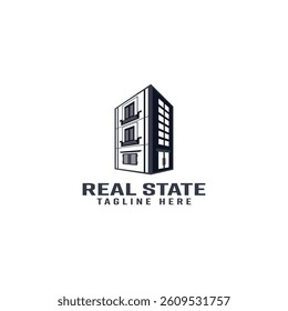 Modern real estate logo featuring a stylish building design, reflecting urban living, reliability, and professional service in property sales and rentals.








