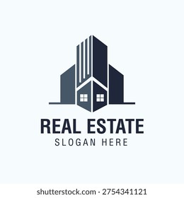 Modern real estate logo featuring building and house skyline icons in a clean geometric style. Professional vector design ideal for property agencies, realtors, housing companies, and construction business branding.