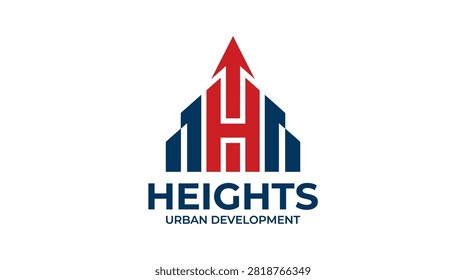Modern real estate logo featuring blue buildings and red arrow.