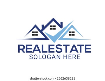 Modern real estate logo with rooftops, bold red checkmark, clean lines, and space for business name, symbolizing trust and excellence