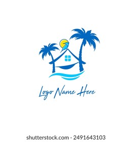 modern real estate logo for the societies near the beach or cove. Hut rental business or fun party place by the sea with palm trees. Elegant travel agency logo with kingfisher bird. 