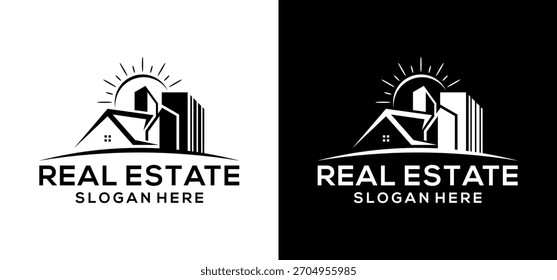 Diseño de Vector de logotipo inmobiliario moderno. Ilustración de un diseño de construcción de una casa con un sol abstracto.