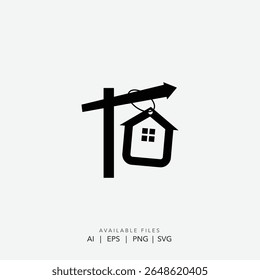 Modern Real Estate For Sale Sign Icon with Hanging House Symbol, Minimalist Black and White Realty Logo, Professional Real Estate Agent  logo
