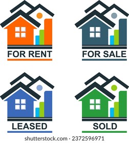 Modern real estate signs in fancy flat colors - For Rent, For Sale, Leased, Sold.