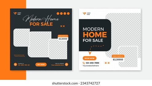 Modern real estate social media post, minimal design of building, properties, residents, home and house.