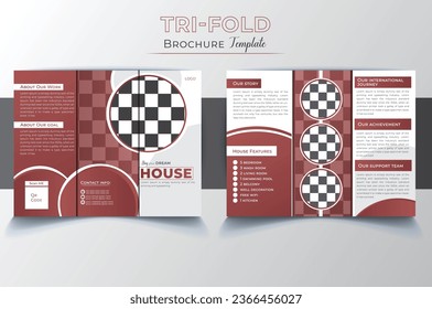 Modern real estate tri-fold brochure template. Professional corporate house sale six-page layout design with red gradient. Creative, marketing, business, company, property, and real estate agent.