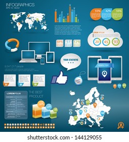Modern realictic infographics set and icons IT tehnology. World Map and Map of Europe and Information Graphics. Easy to edit