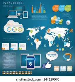 Modern realictic infographics set and icons IT tehnology. World Map and Information Graphics