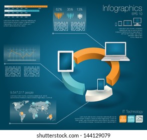Modern realictic infographics set and icons IT tehnology. World Map and Information Graphics