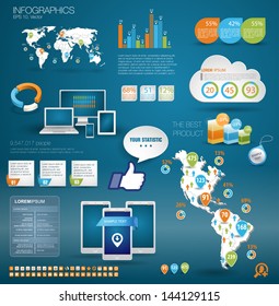 Modern realictic infographics set and icons IT tehnology. World Map, Map of North and South America and Information Graphics