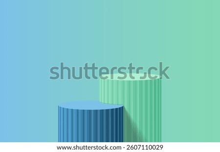 Modern realistic 3d sailor blue and green mint cylinder podium on gradient wall. Minimal wall scene for mockup. Two color pedestal contrasting. Geometric platform design. 3d vector rendering.