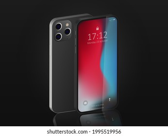 Modern Realistic 3d smartphone isolated on a smooth dark black surface. Realistic vector illustration isometric smartphone. New mobile cell phone front and back with mirror reflection