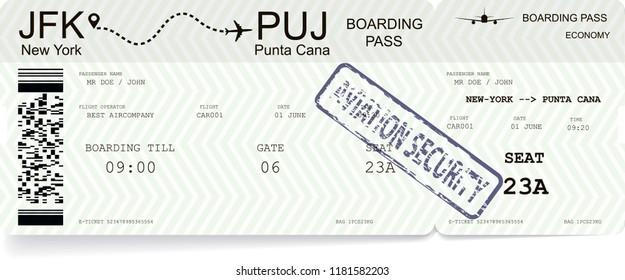 Modern and realistic airline ticket or boarding pass. Illustration with flight time and passenger name. All infomation is fictitious