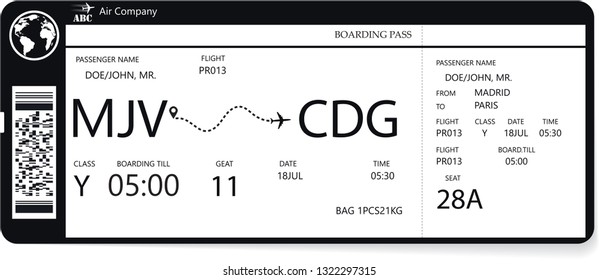 Modern and realistic airline ticket and boarding pass design with unreal flight data and passenger name. Vector illustration.  