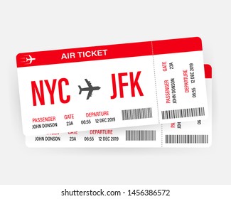 Modern and realistic airline ticket design with flight time and passenger name. Vector stock illustration.