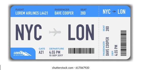 Modern and realistic airline ticket design with flight time and passenger name. vector illustration - Shutterstock ID 617067920