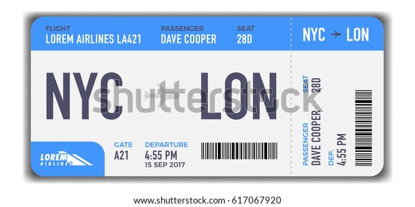 飛行時間と乗客名を含む現代的で現実的な航空券のデザイン ベクターイラスト のベクター画像素材 ロイヤリティフリー