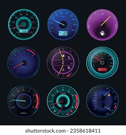 Modern realistic auto speedometer icons set isolated vecor illustration