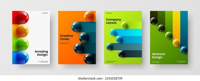 Modern realistic balls company cover illustration set. Multicolored placard A4 vector design concept bundle.