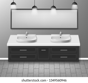 Modern realistic bathroom interior design. Bathroom furniture with bathroom sink and mirror grey wall with wooden floor. vector illustration