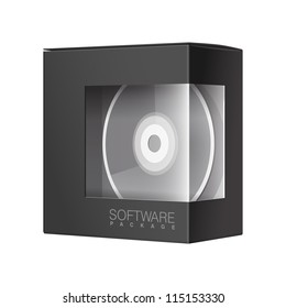 Modern Realistic Black Package Cardboard Box with a transparent plastic window. Inside DVD Or CD disk. Vector illustration