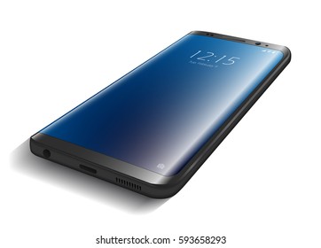 Modern realistic black smartphone, isolated. Smartphone with edge side style, perspective view. 3d Vector illustration of cell phone.